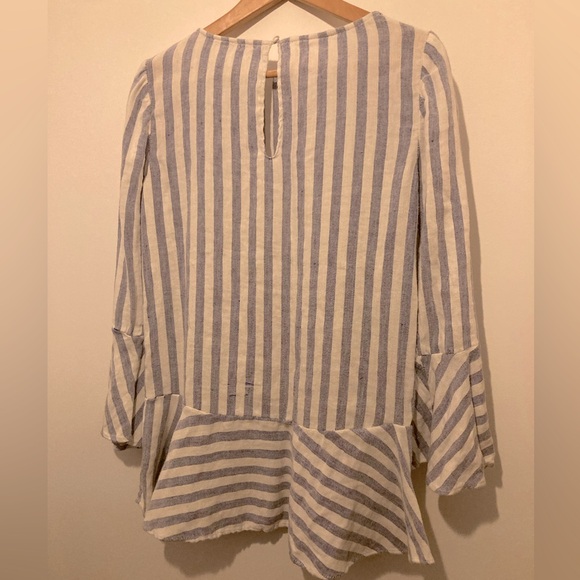 Alice + Olivia Doyle Peplum Top, Slub Linen blue stripe and trumpet sleeve - Picture 6 of 11